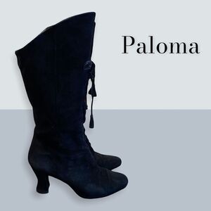 Paloma Black Suede Leather Woven Heeled Boots 5